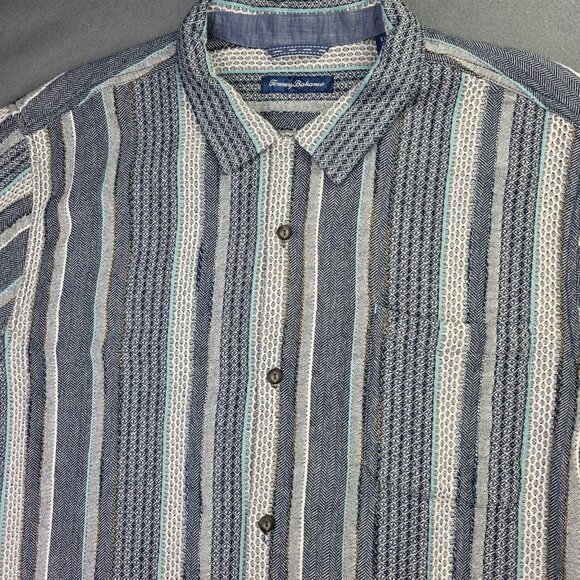 Tommy Bahama Shirt Men XL Blue Gray Striped Herringbone Camp Short Sleeve Pocket - Picture 2 of 12